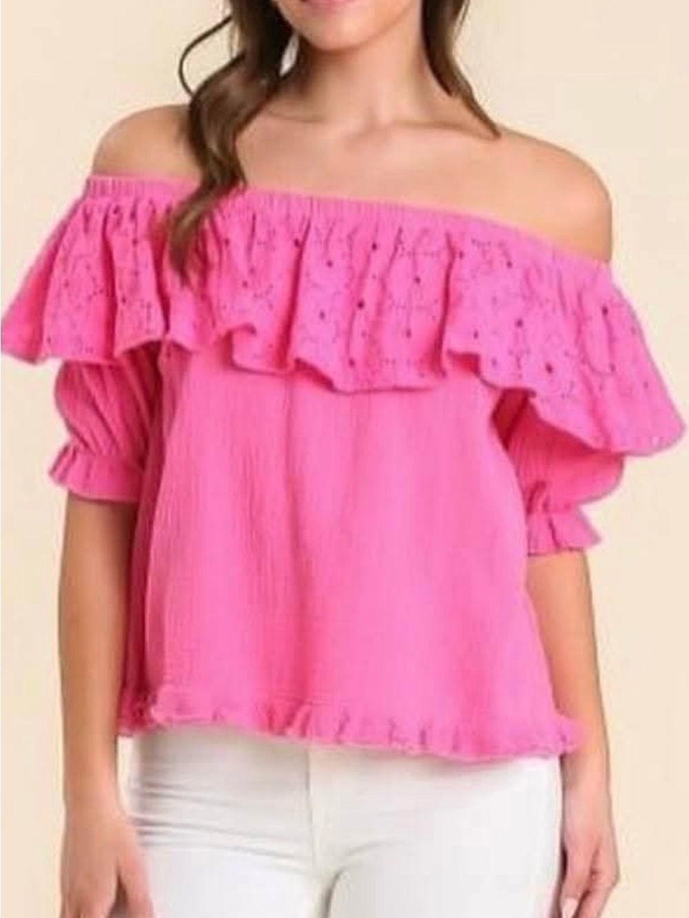 Umgee Bright Pink Off-Shoulder Ruffle Blouse